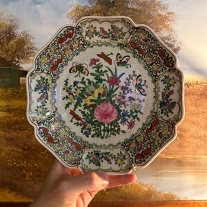 Hong Horizon Vintage Hand Painted Plate Crackle Floral Butterfly Bird Design